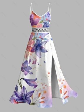 Floral White Maxi Dress with Purple Bloom Print